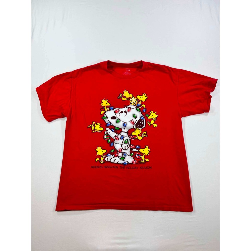 Peanuts Snoopy Woodstock Christmas T-Shirt Red Holiday Friends Brighten Season L